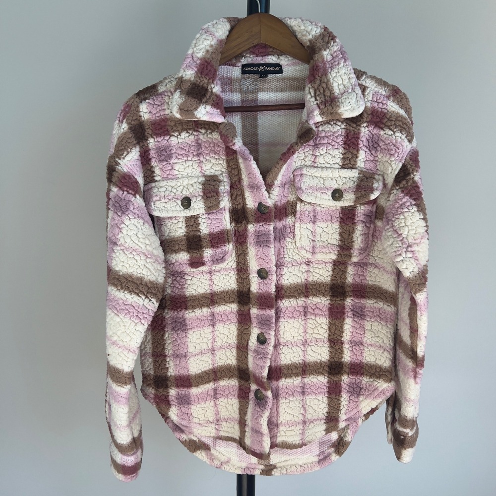 Almost Famous Plaid Sherpa Fleece Shacket Jacket Pink Brown Medium